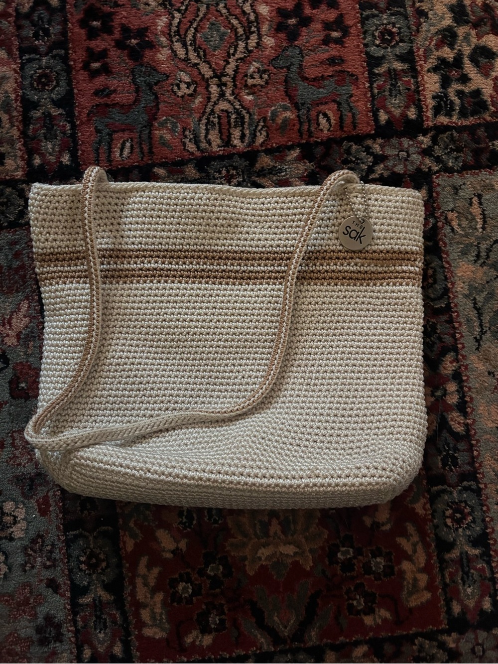 The Sak Crochet Shoulder Tote in Cream and Tan